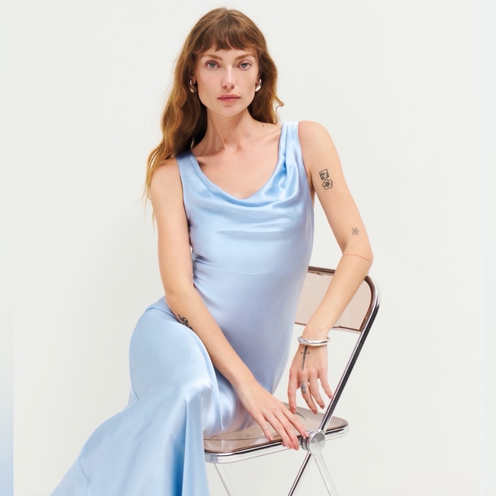 NWT Reformation Annabelle Cowl Neck Silk Dress in Horizon Blue Size 16